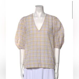 Ganni Seersucker Plaid Puff Sleeve Top, purple yellow, cotton
